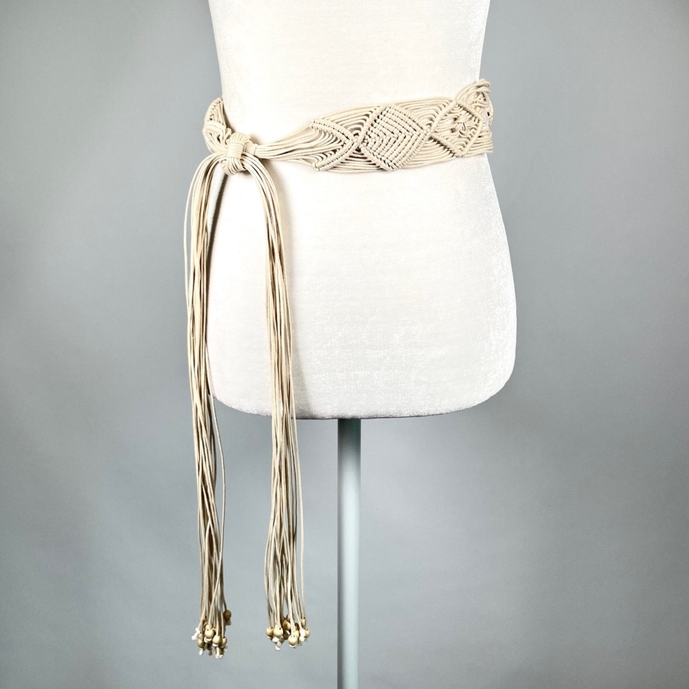 Crochet macrame braided mother of pearl and beads decor belt